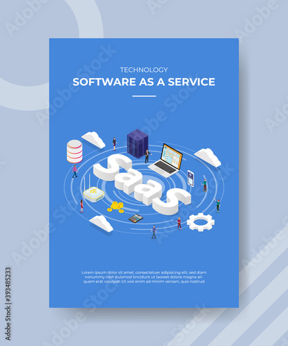 technology software as a service people standing laptop server router cloud SaaS text for template of banner and flyer for printing magazine cover