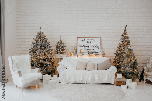 classic christmas interior with christmas tree and christmas presents.