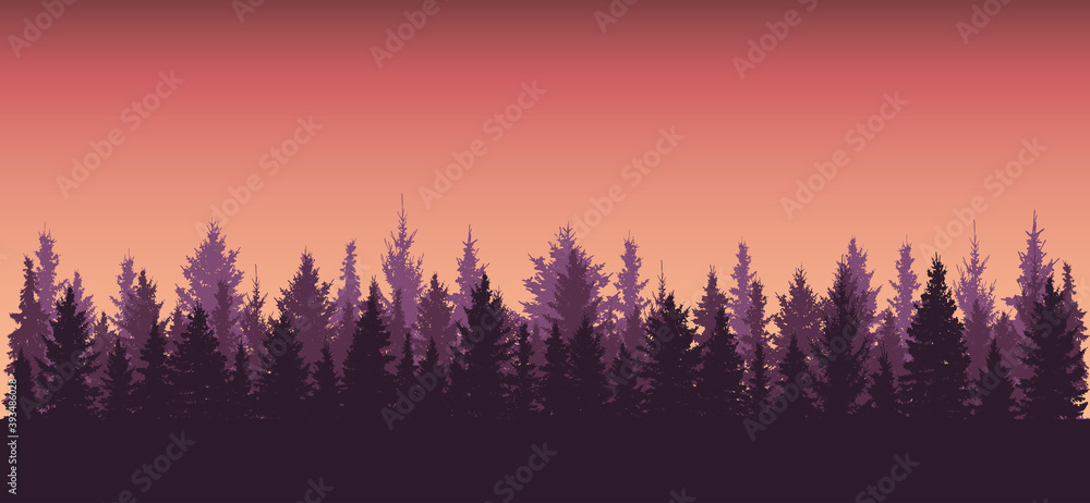 Naklejka Forest background at sunset, silhouette of beautiful nature. All fir trees are separated from each other. Vector illustration