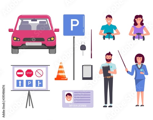 Car driving auto school education and examination set. Isolated man woman student and instructor, driver license, vehicle, road sign, key on whiteboard vector illustration isolated on white background
