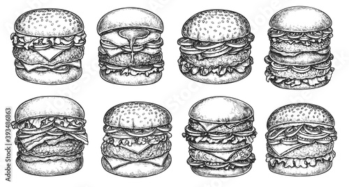 Burger menu with hamburger, cheeseburger hand drawn sketch. Appetizing fast food with bun, meat, vegetable, onion ring, lettuce, sauce ingredient vector illustration isolated on white background
