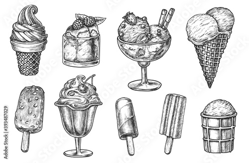 Ice-cream sweet dessert different flavor menu sketch. Hand drawn vanilla scoop in crispy waffle cone, creamy sundae in cup, lollipop, ice-pop on stick vector illustration isolated on white background