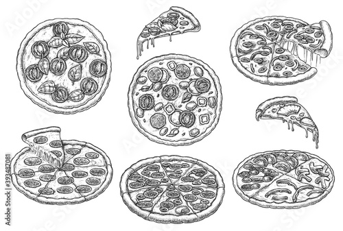 Italian pizza and slice fast food menu sketch. Ink hand drawn pizzeria fastfood with mozzarella, salami, tomato, mushroom, olive, bacon, pepperoni vector illustration isolated on white background
