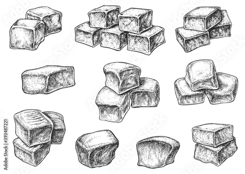 Chewy toffee sweet caramel sugary candy cube form sketch. Delicious confection dessert snack food made from sugar syrup and milk single and stack vector illustration isolated on white background
