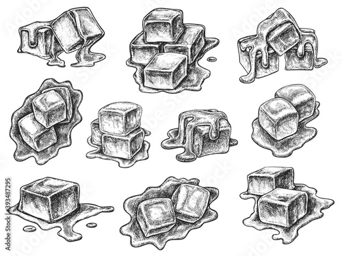 Melted toffee caramel confection engraved sketch set. Hand drawn sweet dessert candy cube or square fudge piece for menu assortment or package design vector illustration isolated on white background