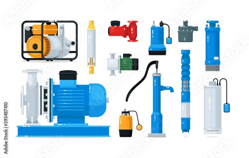 Technical equipment and supply for water pump system set. Electric powered motor or engine, industrial pumping compressor, sewage station appliance vector illustration isolated on white background photo