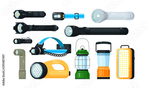 Portable hand-held, pocket and head electric flashlight set. Luminous light lamp tool, night searching bulb equipment, camping torch and handy lantern vector illustration isolated on white background