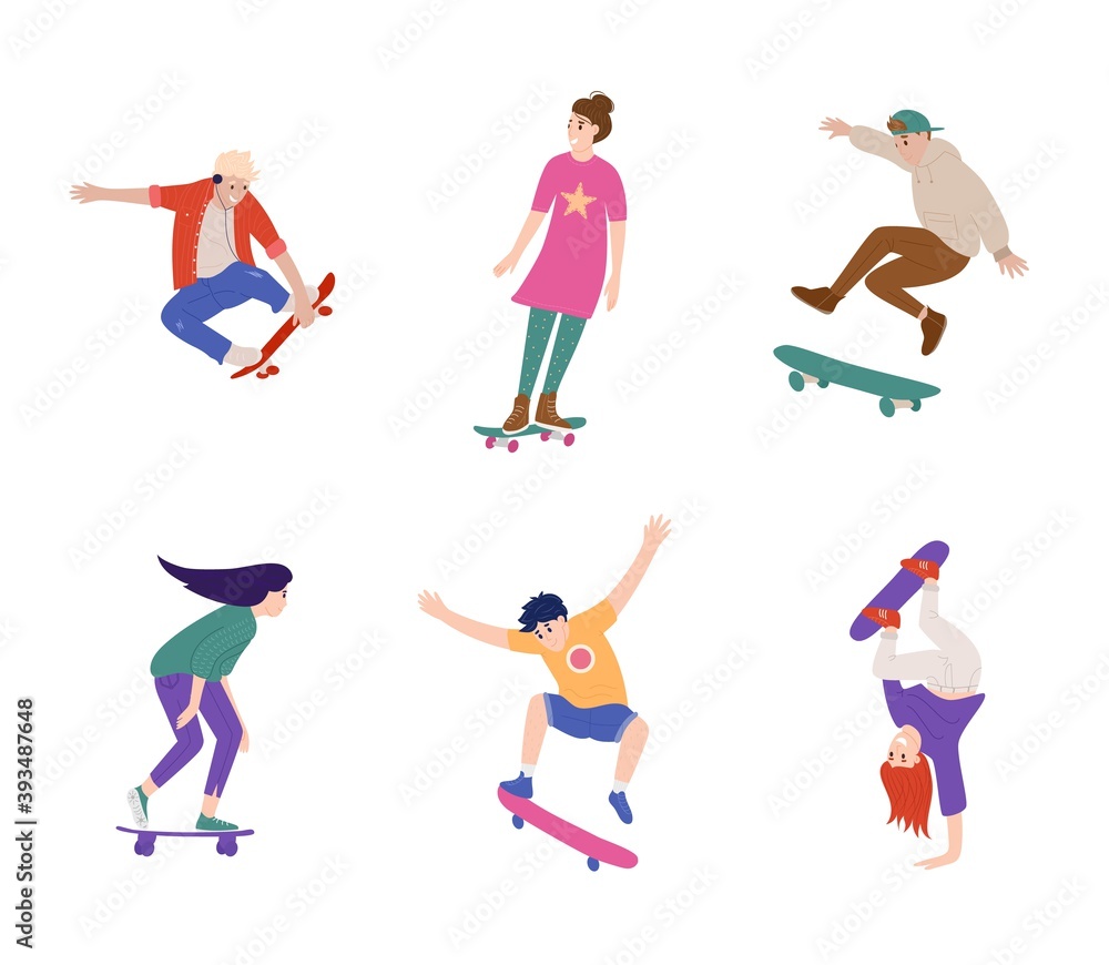 Boy girl skateboarder making stunt and trick on skateboard. Teenager character jumping, training, practicing extreme sport freestyle skateboarding vector illustration isolated on white background
