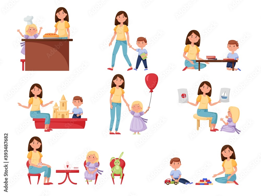 Little preschool kid nursing, babysitting, teaching scene. Mother, nanny or babysitter character engaged in primary education, preschool development vector illustration isolated on white background Little preschool kid nursing, babysitting, teaching scene. Mother, nanny or babysitter character engaged in primary education, preschool development vector illustration isolated on white background