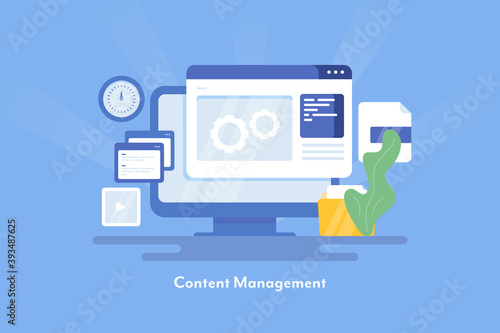 Content management online, blogging service - cms software technology.  Website content, data, video management web concept. Flat design illustration banner.