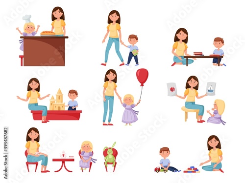 Little preschool kid nursing, babysitting, teaching scene. Mother, nanny or babysitter character engaged in primary education, preschool development vector illustration isolated on white background