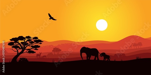 Safari Africa sunset with wild animal silhouette. Savanna landscape with tree  elephant  giraffe  elk and eagle soaring in sky under ray of setting sun vector illustration isolated on white background