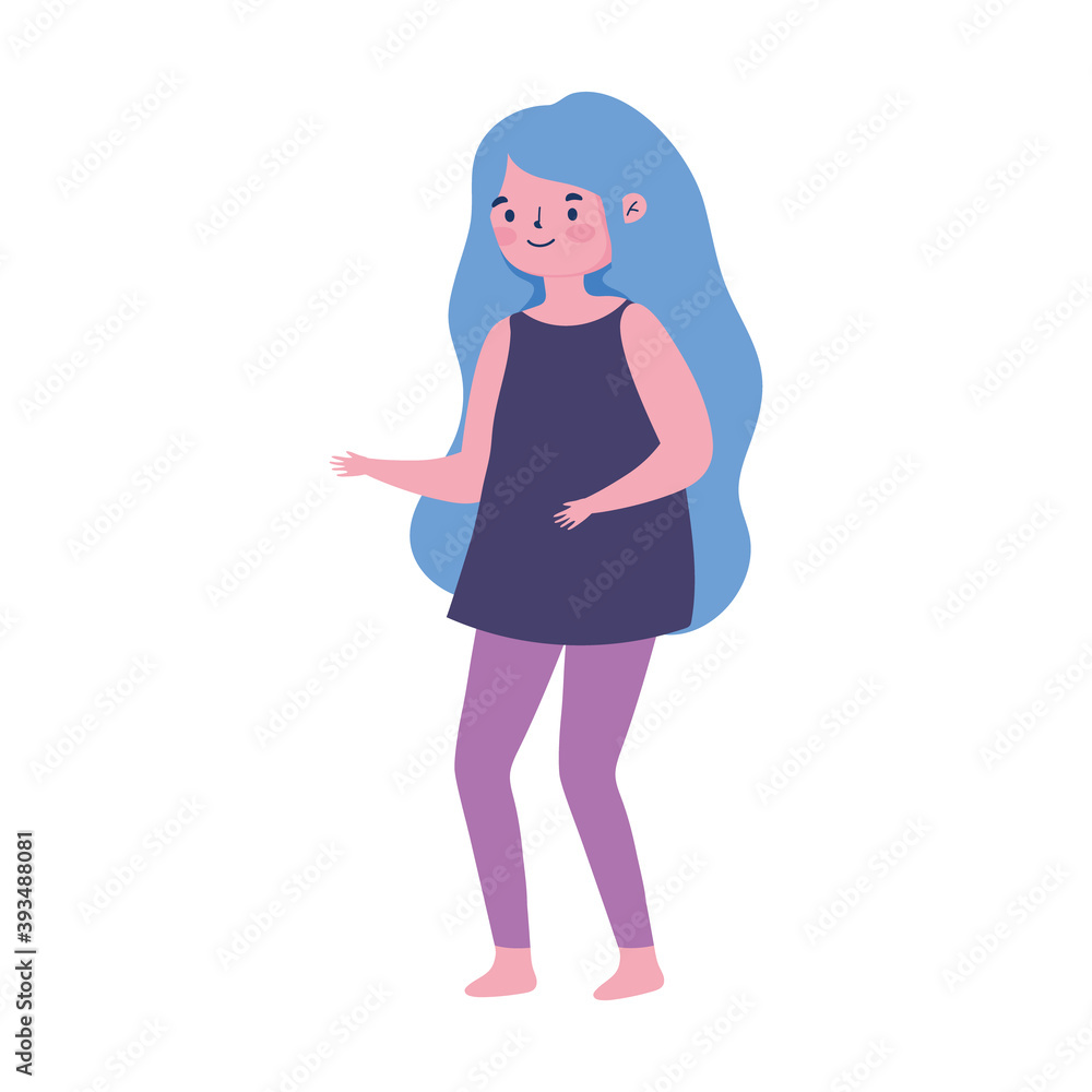 young woman blue hair standing cartoon isolated white background young woman blue hair standing cartoon isolated white background