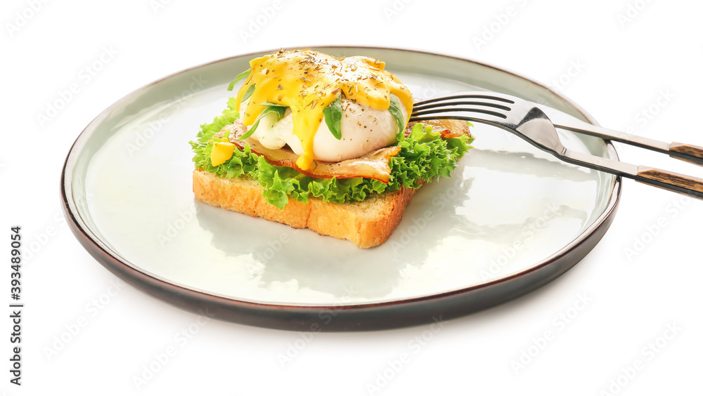 Plate with tasty egg Benedict on white background Plate with tasty egg Benedict on white background