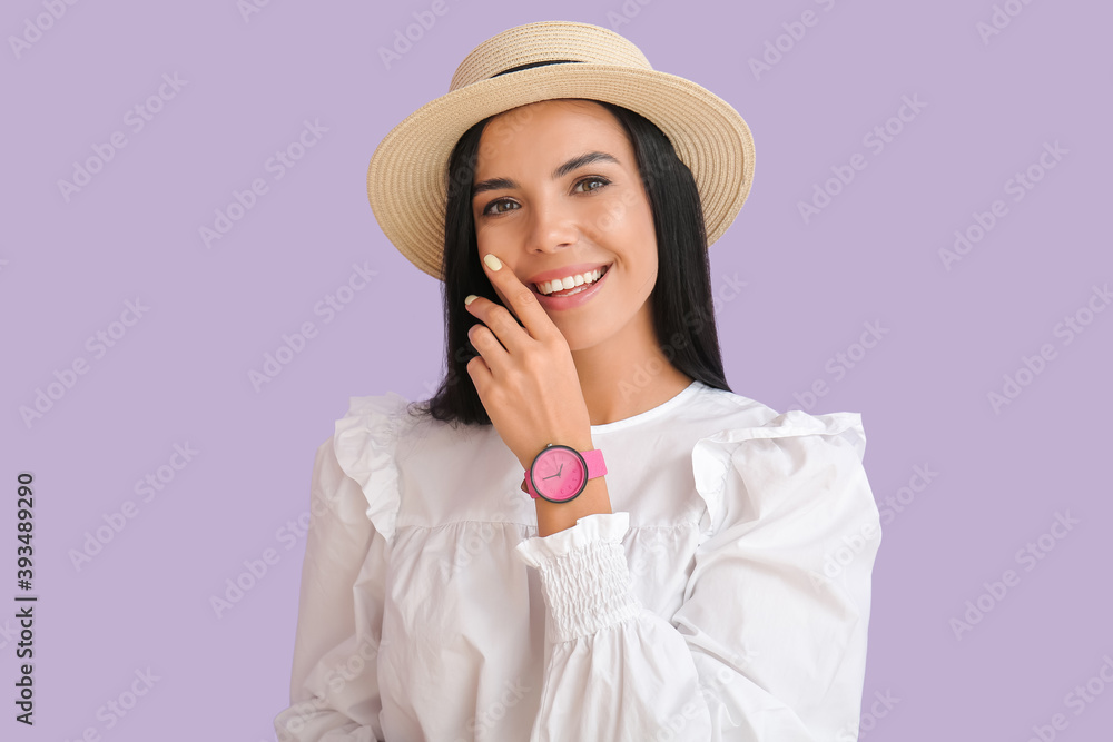 Young woman with wristwatch on color background Young woman with wristwatch on color background