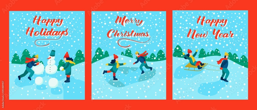 Fototapeta premium Set of holiday cards. Lettering happy Christmas, happy new year, happy holidays. Children go sledding, skating, making a snowman. Vector illustration.