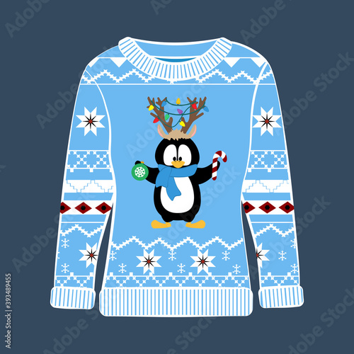 Christmas ugly sweater with penguin vector illustration