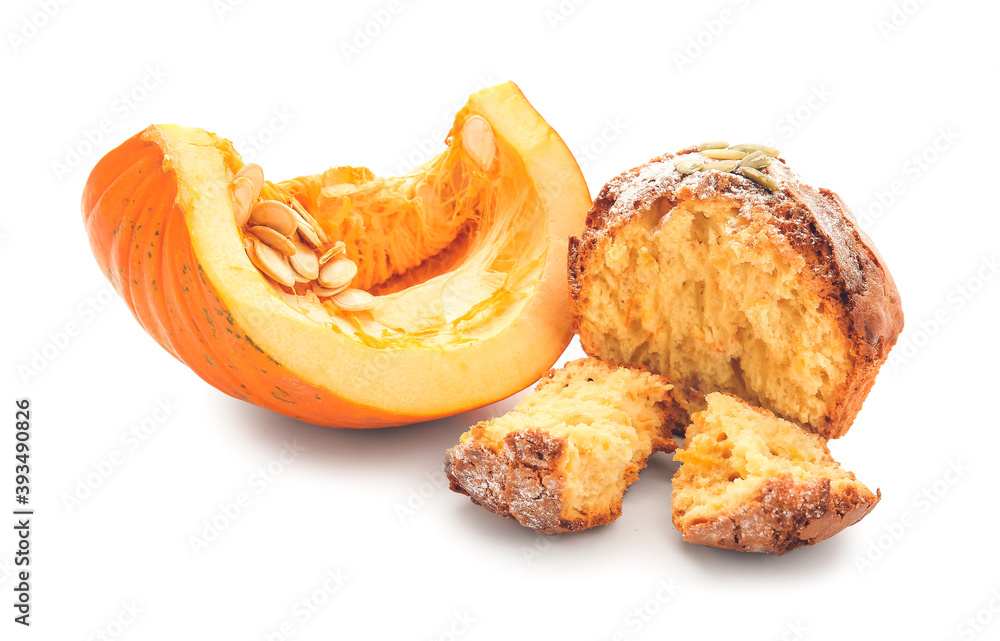 Tasty pumpkin muffin on white background Tasty pumpkin muffin on white background
