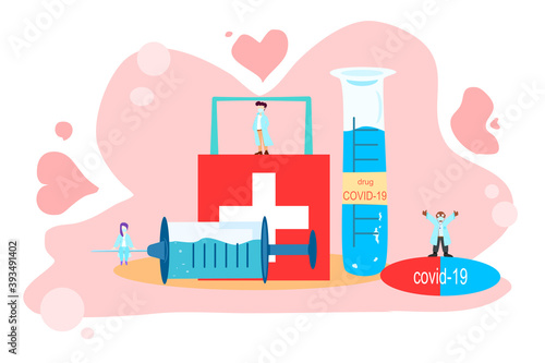 Scientists, doctors and vaccines, antiviral drugs, anti-COVID-19 capsules.  Doctor nurse and medicine equipment set illustration, vector flat style character cartoon character health care concept