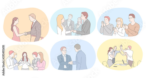 Teamwork, agreement, development in office concept. Business people partners coworkers shaking hands after successful negotiations, applauding for colleagues success and making agreements illustration