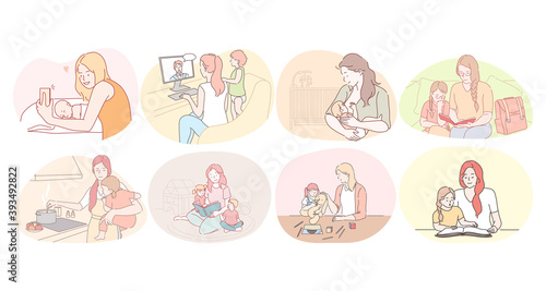 Mother and child, motherhood, home activities with children concept. Young women mothers feeding, playing, chatting online, reading, cooking and making selfie with children at home illustration 