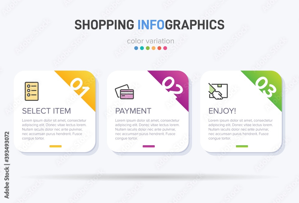 Concept of shopping process with 3 successive steps. Three colorful graphic elements. Timeline design for brochure, presentation, web site. Infographic design layout. Concept of shopping process with 3 successive steps. Three colorful graphic elements. Timeline design for brochure, presentation, web site. Infographic design layout.