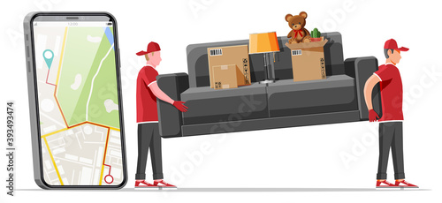 Delivery character man movers carry sofa and smartphone with map app. Porters carry couch isolated. Moving company with loaders and furniture. Delivery relocation service. Flat vector illustration