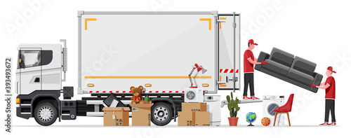 Delivery truck full of home stuff inside. Moving to new house. Family relocated to new home. Boxes with goods. Package transportation. Computer, lamp, clothes, books. Flat vector illustration