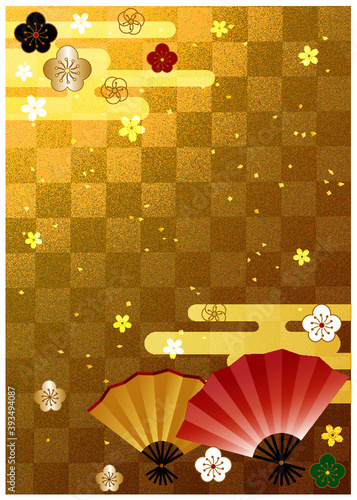 正月_扇と和柄_金格子背景