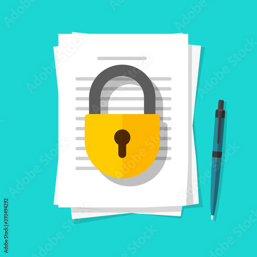 Secure confidential documents pile with locked access vector flat cartoon illustration, permission concept, paper sheet files with padlock protection and pen, private or privacy data info icon