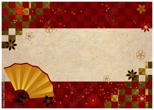 正月_扇と和柄_赤格子背景