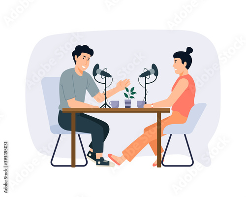 cartoon smiling people listening and recording audio podcast, Podcast in studio flat vector illustration. Female radio host interviewing guests on radio station cartoon characters