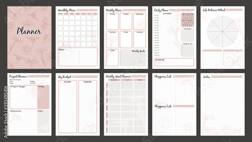 Vector planner pages templates. Daily, weekly, monthly, project, budjet and meal planners. Pink nude floral design.