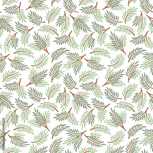 Simple seamless pattern. Christmas pattern for fabric, postcard, banner, wrapping paper. Green spruce branches on a white background. Rhythmic vector ornament. Cute Xmas illustration in flat style.