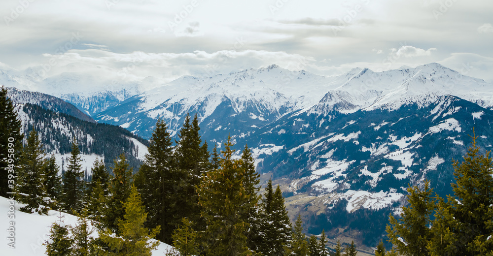 Winter landscape with panorama views of the Alps in the winter sports region Bad Gastein, Austrian Alps