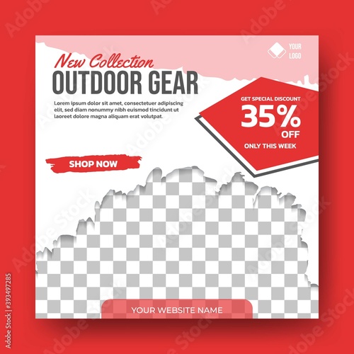 Editable square banner template. Outdoor store social media template design. Abstract shape vector design with photo collage. Usable for social media, banner and web internet ads.