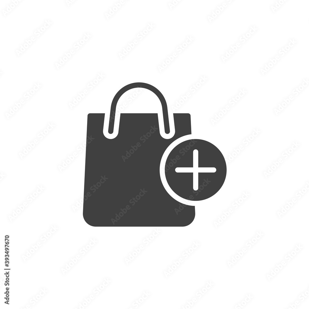 Add to shopping bag vector icon. filled flat sign for mobile concept and web design. Shopping bag and plus glyph icon. Symbol, logo illustration. Vector graphics Add to shopping bag vector icon. filled flat sign for mobile concept and web design. Shopping bag and plus glyph icon. Symbol, logo illustration. Vector graphics