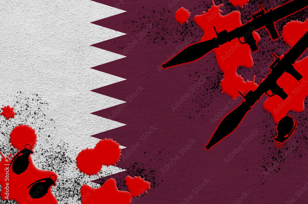 Qatar flag and rocket launchers with grenades in blood. Concept for ...