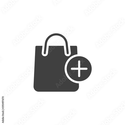Add to shopping bag vector icon. filled flat sign for mobile concept and web design. Shopping bag and plus glyph icon. Symbol, logo illustration. Vector graphics