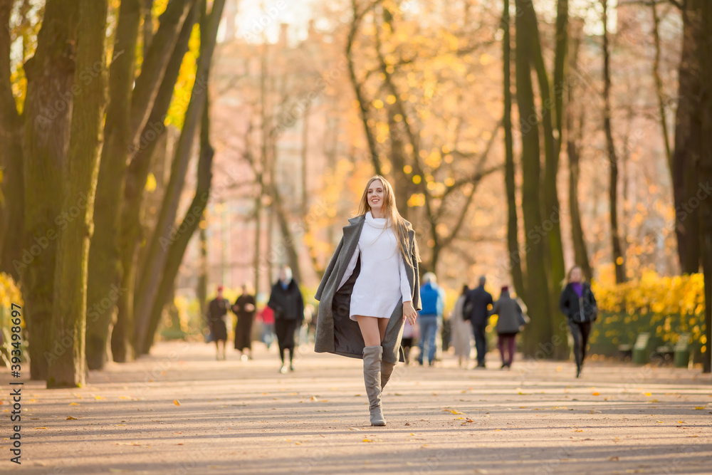 Obraz premium Happy young woman walks in the autumn park. An attractive woman with light brown hair and a gray coat is walking down the alley. Beautiful autumn mood. Fall season.
