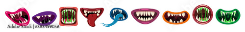 Set Monsters mouths creepy and scary Halloween. Funny jaws teeths tongue creatures expression monster horror saliva slime