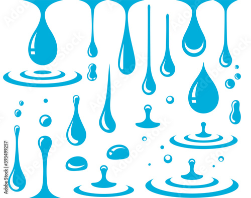 falling blue drops and splash set icons