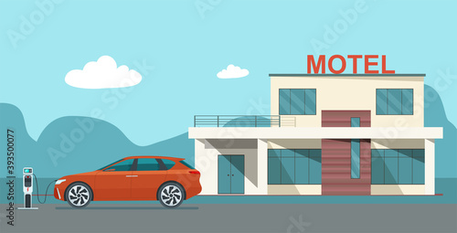 Modern motel with electric car parking and charging stations. Vector flat style illustration.