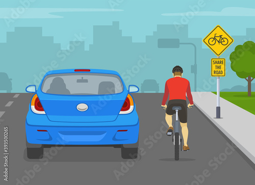 Driving a car. Blue suv car overtaking a cyclist on the city road. Share the road warning traffic sign. Flat vector illustration template.