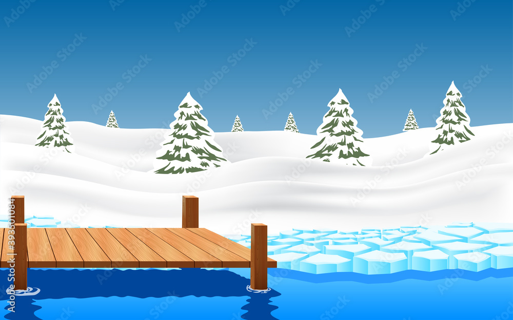 landscape of wooden bridge on the glacier at the geographic pole