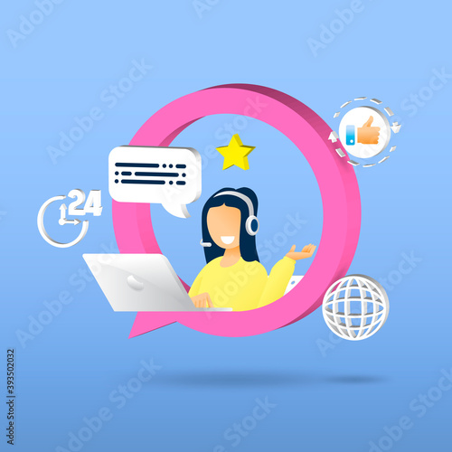 Customer service, Woman with headphones and microphone with laptop