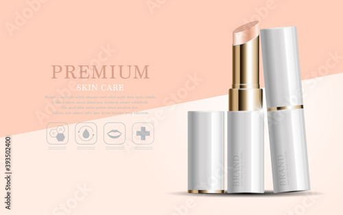 Hydrating facial lipstick for annual sale or festival sale. white and gold lipstick mask bottle isolated on glitter particles background. Graceful cosmetic ads, illustration EPS10.