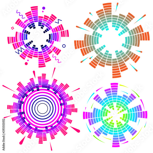 Set of geometric circular neon equalizer. Colorful eq round audio soundwaves. Vector illustration isolated on white background.