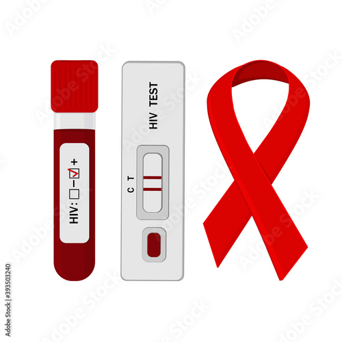 HIV and AIDS test kit, blood test and red ribbon, color isolated vector illustration in flat style on white background, banner, poster, study material, textbook, clipart, information