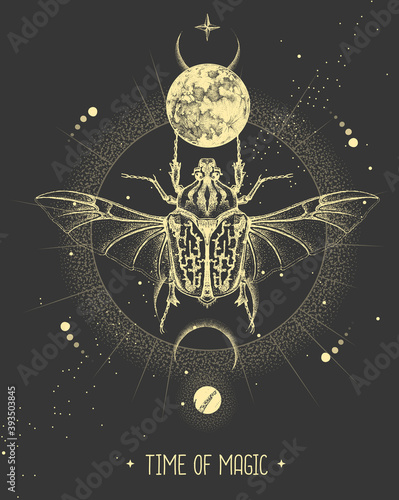 Modern magic witchcraft card with moon and Goliath beetle. Hand drawing occult vector illustration
